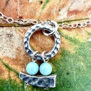 Silver Necklace with Chalcedony Blue Beads Hammered Southwest Style